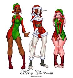  anthro blush christmas dark-skinned_female felicia_nightshade feline female fran_cervice fur furry holidays human keiron_white lagomorph rabbit skimpy 