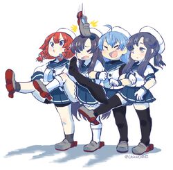  4girls black_hair black_pantyhose black_shirt black_socks blue_hair blue_neckerchief blue_sailor_collar blue_skirt braid cancan_dance chinad011 closed_eyes commentary_request dancing etorofu_(kancolle) freckles full_body gloves highres kantai_collection kicking long_hair matsuwa_(kancolle) multiple_girls neckerchief oerba_yun_fang open_mouth pantyhose pleated_skirt ponytail purple_eyes red_hair rudder_footwear sado_(kancolle) sailor_collar shadow shirt shoe_loss shoes short_hair sidelocks simple_background single_shoe skirt socks thighhighs tied_hair tsushima_(kancolle) twin_braids twitter_username undershirt unworn_shoes white_background white_gloves white_legwear yellow_eyes 