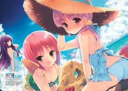  3girls :d akino_momiji all_fours ass bare_shoulders beach blue_hair blue_panties blue_sky blush breasts brown_eyes bucket cleavage cloud day downblouse dress hat highres kiriyama_sakura long_hair looking_at_viewer looking_back medium_breasts multiple_girls open_mouth outdoors panties pink_hair polka_dot qp:flapper red_hair sakura_koharu sakura_musubi scan sera_karen short_dress short_hair sitting sky small_breasts smile standing straw_hat sun_hat sundress trowel underwear wariza white_dress 