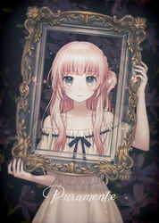  bare_shoulders blue_eyes blue_ribbon blush braid collarbone commentary_request cursive dress empty_picture_frame female fingernails flower holding holding_frame long_hair looking_at_viewer nail_polish nekokan_masshigura off-shoulder_dress off_shoulder original parted_lips picture_frame pink_flower pink_hair pink_nails ribbon ribbon-trimmed_dress short_sleeves sidelocks solo very_long_hair white_dress 