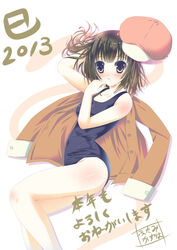  2013 bakemonogatari brown_eyes brown_hair cabbie_hat commentary_request covered_navel female futami_kazuha hat jacket lying monogatari_(series) school_swimsuit school_uniform sengoku_nadeko short_hair solo swimsuit unworn_hat unworn_headwear 