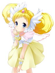  blonde_hair blue_eyes blush brooch candy_(smile_precure!) choker commentary_request double_bun female hair_bun head_wings jewelry personification precure puffy_sleeves royal_candy short_hair skirt smile_precure solo tiara white_background white_choker wings wrist_cuffs yellow_skirt yupachi 