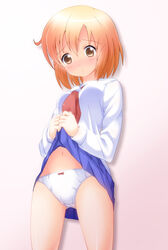  blush clothes_lift commentary_request female kotoura-san kotoura_haruka long_sleeves looking_at_viewer orange_eyes orange_hair panties photoshop_(medium) school_uniform short_hair skirt skirt_lift solo underwear yoruda 