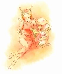  2girls aisa_(one_piece) akizuki_hakuto barefoot blonde_hair closed_eyes conis hat multiple_girls musical_instrument one_piece skypiea smile wings 