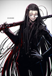  ahoge artist_name black_hair female formal freckles glasses gloves grin gun hellsing holding k-suwabe long_hair looking_at_viewer necktie rip_van_winkle sharp_teeth simple_background smile solo suit teeth very_long_hair weapon white_background 