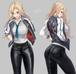  alternate_costume ass badge black_pants blonde_hair blue_necktie commentary_request female grey_background hands_in_pockets haruto_(harut_n) hornet_(kancolle) jacket kantai_collection letterman_jacket long_hair multicolored_clothes multicolored_jacket multiple_views necktie pants pantylines simple_background sukajan two-tone_jacket 