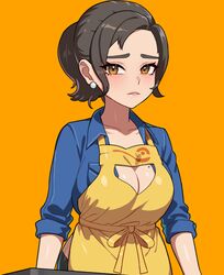  apron blue_shirt blush breasts brown_eyes brown_hair cleavage collarbone collared_shirt commentary drunkoak earrings eyelashes female jewelry looking_at_viewer mature_female mole mole_on_breast open_clothes open_shirt orange_background paldea_mother parted_lips pokemon pokemon_sv shirt sleeves_past_elbows solo yellow_apron 