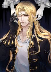  1boy alucard_(castlevania) artist_name black_background black_gloves black_jacket blonde_hair castlevania_(series) chains closed_eyes english_commentary feet_out_of_frame female frilled_sleeves frills gloves hair_between_eyes half-closed_eyes hand_in_another&#039;s_hair highres holding_hands jacket long_hair long_sleeves looking_down male_focus ningyo pale_skin parted_bangs sad shirt upper_body wavy_hair white_shirt white_sleeves yellow_eyes 