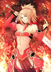  absurdres bandeau blonde_hair braid breasts clarent_(fate) cleavage cowboy_shot fate/apocrypha fate/grand_order fate_(series) female fire green_eyes groin hair_ornament hair_scrunchie half_up_braid highres holding holding_sword holding_weapon looking_at_viewer mordred_(fate) mordred_(fate/apocrypha) navel over_shoulder pelvic_curtain ponytail red_scrunchie scrunchie small_breasts smile solo sword sword_over_shoulder untold v-shaped_eyebrows weapon weapon_over_shoulder yellow_eyes 