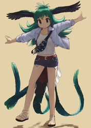  belt bird_girl bird_tail bird_wings blonde_hair blue_hair blue_jacket cutoffs denim denim_shorts fanny_pack feathers female full_body green_feathers green_hair head_wings highres jacket kemono_friends kemono_friends_3 long_hair long_sleeves looking_at_viewer multicolored_hair official_alternate_costume outstretched_arms resplendent_quetzal_(kemono_friends) rumenia_(ao2is) sandals shirt short_shorts shorts smile solo standing standing_on_one_leg streetwear tail tank_top white_shirt wings 