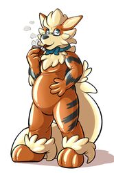  2016 3_toes 4_fingers animate_inanimate anthro anthrofied arcanine arcanine_dad_(overzen) belly black_nose blue_eyes bow_(feature) bow_tie canid canine digital_drawing_(artwork) digital_media_(artwork) eyewear feet fingers generation_1_pokemon glasses glistening hi_res inflatable latex living_inflatable looking_at_viewer male mammal markings nintendo overzen_(characters) pokemon pokemon_(species) simple_background smile smoking smoking_pipe solo standing stripes tallarra toes white_background 