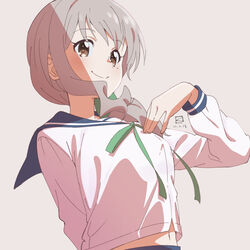  arm_behind_back artist_logo blouse blue_sailor_collar blush bow brown_eyes dated eyes_visible_through_hair female from_below green_bow green_ribbons grey_background grey_hair hair_over_shoulder hand_on_own_chest koisuru_asteroid long_hair long_sleeves looking_at_viewer low_ponytail midriff_peek miyahara_takuya mole mole_under_eye morino_mari navel ribbon sailor_collar school_uniform serafuku shadow shirt side_ponytail simple_background smile solo upper_body white_shirt white_stripes 