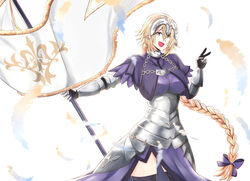  absurdres armor backlighting blonde_hair blue_eyes breasts chains fate/grand_order fate_(series) feathers female hair_between_eyes headpiece highres jeanne_d&#039;arc_(fate) jeanne_d&#039;arc_(ruler)_(fate) large_breasts long_braid long_hair smile solo standard_bearer thighhighs thighs untold v white_background 