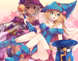  2girls apprentice_illusion_magician bare_shoulders blonde_hair blue_footwear breasts cleavage dark-skinned_female dark_magician_girl dark_skin dress duel_monster elbow_gloves gloves green_eyes grey_hair highres holding holding_wand jyon104 large_breasts long_hair magical_hats_(yu-gi-oh!) multiple_girls off-shoulder_dress off_shoulder open_mouth pentacle red_eyes wand yu-gi-oh! 