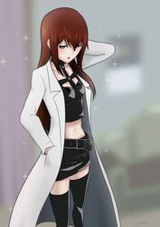  absurdres alternate_costume black_skirt black_thighhighs blue_eyes blurry blurry_background blush brown_hair collarbone commentary_request cosplay crop_top embarrassed female grey_background hair_between_eyes hand_in_pocket hasegawa_haruka hasegawa_haruka_(cosplay) highres lab_coat long_hair makise_kurisu midriff miniskirt moyashimon navel open_mouth pleated_skirt skirt solo standing steins;gate stomach straight_hair tayutau0a0 thighhighs very_long_hair zettai_ryouiki 