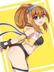  ass azure_striker_gunvolt black_gloves blush breasts brown_eyes brown_hair commentary_request cougar_(cougar1404) fanny_pack female from_side gloves gunvolt_chronicles_luminous_avenger_ix hair_between_eyes high_ponytail hood hooded_jacket jacket kohaku_(luminous_avenger_ix) medium_breasts midriff no_panties open_mouth ponytail sidelocks smile solo yellow_jacket 