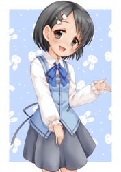  :d black_hair black_skirt blue_bow blue_vest blush border bow character_hair_ornament collared_shirt commentary_request cosplay female grey_eyes hair_ornament hairclip hand_up highres idolmaster idolmaster_cinderella_girls kafuu_chino kafuu_chino_(cosplay) long_sleeves looking_at_viewer open_mouth parted_bangs pleated_skirt puffy_long_sleeves puffy_sleeves rabbit_background rabbit_house_uniform regular_mow sasaki_chie shirt skirt sleeves_past_wrists smile solo tippy_(gochiusa) uniform vest waitress white_border white_shirt x_hair_ornament 