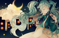  artist_name behind-the-head_headphones blue_hair blush closed_eyes cloud collared_shirt crescent_moon expressionless female hair_ornament hatsune_miku headphones headset holding holding_planet hoshi-pan long_hair long_sleeves moon neck_ribbon night night_sky planet ribbon saturn_(planet) shirt shirt_tucked_in skirt sky skyline solo suspender_skirt suspenders twintails very_long_hair vocaloid 