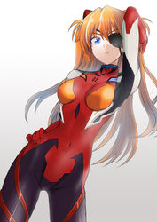  arm_up blue_eyes bodysuit breasts breasts_apart brown_hair closed_mouth contrapposto covered_navel cowboy_shot evangelion:_3.0_you_can_(not)_redo eyepatch female gradient_background grey_background hair_between_eyes hand_on_own_hip highres ivuki long_hair looking_at_viewer medium_breasts neon_genesis_evangelion plugsuit rebuild_of_evangelion red_bodysuit solo souryuu_asuka_langley standing very_long_hair white_background 