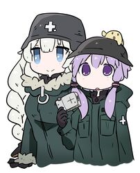  2girls :o black_gloves black_headwear black_shirt blue_eyes blush braid brodie_helmet chito_(shoujo_shuumatsu_ryokou) chito_(shoujo_shuumatsu_ryokou)_(cosplay) closed_mouth combat_helmet commentary cosplay cropped_torso fur-trimmed_hood fur-trimmed_sleeves fur_trim gloves green_jacket hair_between_eyes hand_up helmet highres holding hood hood_down hooded_jacket jacket kakihito_shirazu kizuna_akari long_hair long_sleeves multiple_girls parted_lips purple_eyes purple_hair shirt shoujo_shuumatsu_ryokou simple_background smile stahlhelm twin_braids upper_body very_long_hair vocaloid voiceroid white_background white_hair yuuri_(shoujo_shuumatsu_ryokou) yuuri_(shoujo_shuumatsu_ryokou)_(cosplay) yuzuki_yukari 