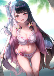  bikini black_hair blunt_bangs breasts commentary_request female grey_hair hair_ornament hair_ribbon hairband highres long_hair long_sleeves looking_at_viewer medium_breasts multicolored_hair navel nijisanji open_mouth outdoors rabbit_hair_ornament red_eyes red_hairband revision ribbon side_ponytail sleeve_cuffs smile solo split-color_hair standing striped striped_ribbon swimsuit thighs tomaco two-tone_hair very_long_hair virtual_youtuber white_bikini yorumi_rena yorumi_rena_(7th_costume) 