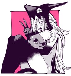  :3 animal animal_hat blood_devil_(chainsaw_man) blush chains chainsaw_man colored_extremities cross-shaped_pupils female hair_between_eyes hat holding holding_animal kanitumuri long_hair looking_at_another looking_at_viewer looking_up monochrome nude open_mouth pochita_(chainsaw_man) power_(chainsaw_man) sharp_teeth sitting solo_focus symbol-shaped_pupils tail teeth v 