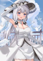  absurdres azur_lane bird blue_gemstone blue_sky breasts cleavage cloud cloudy_sky detached_collar dress elbow_gloves female gem gloves hair_ribbon hat highres illustrious_(azur_lane) lace-trimmed_headwear lace_trim large_breasts mole mole_under_eye ocean pigeon ribbon sky strapless strapless_dress sun_hat thigh_strap tress_ribbon tri_tails watage_tanpopo water white_dress white_gloves white_hair white_headwear 