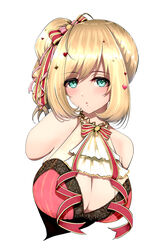  :o ahoge ascot bad_id bad_pixiv_id blonde_hair blush breasts cleavage cleavage_cutout clothing_cutout collar cropped_arms cropped_torso female frilled_collar frills green_eyes highres hitofudegaki_usagi idol idolmaster idolmaster_cinderella_girls large_breasts looking_at_viewer sato_shin side_ponytail sidelocks simple_background solo wavy_hair white_background 