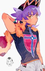  1boy aged_down baseball_cap blush_stickers bright_pupils cape champion_uniform commentary_request dark-skinned_male dark_skin dynamax_band facial_hair fur-trimmed_cape fur_trim gloves hand_up hat highres leon_(pokemon) looking_at_viewer male_focus partially_fingerless_gloves pokemon pokemon_swsh purple_hair red_cape shield_print shirt short_sleeves shorts simple_background siomeronpan17 sword_print white_background white_pupils white_shorts yellow_eyes 