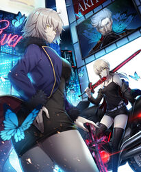  2girls ahoge artoria_pendragon_(fate) black_dress black_jacket blonde_hair blue_butterfly breasts bug butterfly camisole cityscape cleavage dress excalibur_morgan_(fate) fate/grand_order fate_(series) fur-trimmed_jacket fur_trim gendou_pose gloves grey_hair hair_ribbon hand_on_hilt highres holding holding_sword holding_weapon jacket james_moriarty_(archer)_(fate) jeanne_d&#039;arc_alter_(fate) jeanne_d&#039;arc_alter_(ver._shinjuku_1999)_(fate) kiyo_(chaoschyan) large_breasts leaning_against_motorcycle lights long_hair looking_at_viewer low_ponytail medium_breasts motor_vehicle motorcycle multiple_girls night off_shoulder official_alternate_costume open_clothes open_jacket own_hands_clasped own_hands_together ribbon saber_alter saber_alter_(ver._shinjuku_1999)_(fate) short_dress short_hair sitting smile sword thighhighs tsurime weapon yellow_eyes 