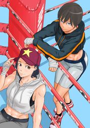  2girls abs ankle_socks bare_arms baseball_cap bike_shorts black_hair black_hoodie black_legwear black_sports_bra blue_eyes boxing_ring brown_eyes brown_hair character_request cropped_hoodie from_above full_body hand_wraps hat highres hood hoodie light_blush looking_at_viewer medium_hair mizuguchi_naoki multiple_girls muscular muscular_female navel orange_stripes pants saotome_senshu_hita_kakusu saotome_yae shoes short_hair single_stripe sitting sleeveless sleeveless_hoodie smile sneakers socks sports_bra standing striped_clothes striped_hoodie sweatpants thighs tomboy toned very_short_hair wakano_maho white_pants 