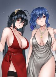  2girls ahoge azur_lane bare_shoulders black_hair black_thighhighs blue_hair breasts choker cleavage cocktail_dress crossed_bangs dress earrings evening_gown glint hair_between_eyes hair_ornament haru_(hr_works) highres jewelry large_breasts long_hair looking_at_viewer multiple_girls necklace official_alternate_costume parted_lips purple_eyes red_choker red_dress red_eyes side_ponytail silver_dress st._louis_(azur_lane) st._louis_(luxurious_wheels)_(azur_lane) taihou_(azur_lane) taihou_(forbidden_feast)_(azur_lane) thighhighs very_long_hair 