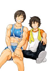  1boy abs absurdres adidas_superstar arm_wrap bandaid bandaid_on_cheek bandaid_on_face bare_arms bare_shoulders barefoot black_pants blue_shorts blue_sports_bra boxing_shorts brown_hair bruise bruise_on_face character_request check_character clenched_teeth closed_eyes collarbone feet female grin hair_between_eyes happy highres injury medal mizuguchi_naoki muscular muscular_female pants saotome_senshu_hita_kakusu saotome_yae shirt shoes short_hair shorts simple_background smile sneakers soles sports_bra t-shirt teeth toes tomboy towel towel_around_neck tsukishima_satoru v_arms very_short_hair white_background white_footwear 