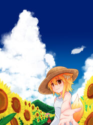  2girls alternate_costume animal_ear_fluff animal_ears asymmetrical_hair blonde_hair blue_sky breasts closed_mouth cloud commentary_request cookie_(touhou) cowboy_shot dress flower fox_ears fox_girl fox_tail garden_of_the_sun green_hair hair_between_eyes hat highres kazami_yuuka long_skirt long_sleeves looking_at_viewer macota_(cookie) medium_hair miramikaru_riran multiple_girls parasol plaid plaid_skirt plaid_vest reaching reaching_towards_viewer red_eyes red_skirt red_vest shirt short_hair sidelocks skirt skirt_set sky small_breasts smile solo_focus sun_hat sundress sunflower tail touhou umbrella vest white_dress white_shirt yan_pai yellow_flower 