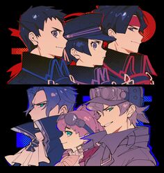  2girls 4boys absurdres ascot barok_van_zieks black_hair blue_eyes closed_mouth coat crossdressing goggles goggles_on_head gyakuten_saiban hachimaki hair_between_eyes hair_bun hat headband herlock_sholmes high_collar highres iris_wilson kazuma_asogi multiple_boys multiple_girls one_eye_closed parted_lips pink_hair profile purple_eyes ryunosuke_naruhodo ryutaro_naruhodo scar scar_on_face short_hair single_hair_bun siomeronpan17 smile susato_mikotoba the_great_ace_attorney the_great_ace_attorney_2:_resolve upper_body 