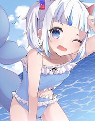  ;d bare_arms bare_shoulders blue_eyes blue_hair blue_one-piece_swimsuit blue_sky blunt_bangs clothing_cutout cloud collarbone commentary cube_hair_ornament day female fins fish_tail frilled_one-piece_swimsuit frills gawr_gura hair_ornament highres hololive hololive_english leaning_forward looking_at_viewer meme_attire multicolored_hair navel one-piece_swimsuit one_eye_closed one_side_up open_mouth outdoors shark_tail sharkini short_hair sky smile solo stomach_cutout streaked_hair swimsuit tail two-tone_hair uica virtual_youtuber water white_hair 