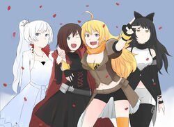  4girls ahoge arm_around_shoulder bike_shorts black_bow black_gloves black_hair blake_belladonna blonde_hair blue_eyes bow breasts brown_hair cape capelet cleavage cloak corset fingerless_gloves gloves grey_background grey_eyes long_hair midriff multiple_girls navel one_eye_closed petals ponytail purple_eyes red_cape rose_petals ruby_rose rwby short_hair single_thighhigh thighhighs thighs tiara untold weiss_schnee white_hair yang_xiao_long yellow_eyes 