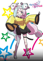  absurdres black_shorts boots character_hair_ornament commentary_request female fubo_(fubo_0623) full_body green_hair grey_footwear grey_pantyhose grin hair_ornament highres iono_(pokemon) jacket long_hair md5_mismatch multicolored_hair one_eye_closed pantyhose pink_hair pokemon pokemon_sv sharp_teeth shorts single_leg_pantyhose sleeves_past_fingers sleeves_past_wrists smile solo standing star_(symbol) teeth thigh_strap timeline twintails two-tone_hair yellow_jacket 