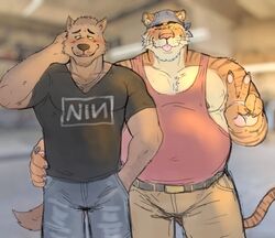  2023 age_difference aged_down aged_up anthro anthro_on_anthro band_merch belt blush boomer_(nanoff) bottomwear canid canine canis clothed clothing duo ear_piercing ear_ring eyebrow_piercing facial_piercing felid fully_clothed gesture hand_gesture hi_res hyenaface jewelry male male/male mammal mature_male miles_(nanoff) necklace nine_inch_nails nipples older_male pantherine pants piercing ring_piercing shirt tank_top tiger topwear v_sign whiskers wolf younger_male 