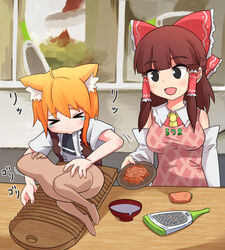  &gt;_&lt; 2girls ahoge animal_ears apron asymmetrical_hair black_eyes black_necktie blonde_hair blunt_bangs blush bow bowl breasts brown_hair brown_vest carrot carrot_shirishiri closed_eyes clothes_writing commentary_request cookie_(touhou) detached_sleeves fox_ears fox_girl frilled_bow frilled_hair_tubes frills grater hair_tubes hairbow hakurei_reimu highres holding holding_plate looking_at_another manatsu_no_yo_no_inmu medium_breasts medium_hair miramikaru_riran miura_meat multiple_girls necktie open_mouth pink_apron plate red_bow red_shirt rice_bowl rurima_(cookie) shirt short_sleeves sidelocks sleeveless sleeveless_shirt smile touhou upper_body vest washboard white_shirt white_sleeves window yan_pai 