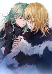  1boy artist_name black_gloves blonde_hair blood blood_on_face blue_eyes byleth_(female)_(fire_emblem) byleth_(fire_emblem) cloak closed_eyes closed_mouth dimitri_alexandre_blaiddyd eyepatch female fire_emblem fire_emblem:_three_houses fur_cloak gloves grey_hair hair_between_eyes half-closed_eyes hand_in_another&#039;s_hair hand_on_another&#039;s_shoulder highres injury long_hair looking_at_another medium_hair ningyo upper_body white_background 