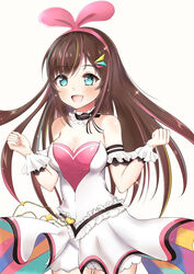  bare_shoulders blue_eyes blush breasts brown_hair cleavage commentary_request dot_nose dress female hairband highres kizuna_ai kizuna_ai_(anniversary) kizuna_ai_inc. long_hair looking_at_viewer medium_breasts multicolored_hair neko_usagi_(nekousagi_jpn) open_mouth pink_hair pink_hairband simple_background smile solo streaked_hair virtual_youtuber white_background white_dress 