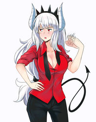  absurdres black_pants black_ribbon blush breasts cleavage collarbone collared_shirt cowboy_shot crown demon_tail english_commentary fanning_face fanning_self female hair_ribbon hand_on_own_hip hand_up helltaker highres horns long_hair long_tail looking_to_the_side low-tied_long_hair lucifer_(helltaker) necktie open_mouth pants partially_unbuttoned red_eyes red_shirt ribbon shirt sleeves_rolled_up solo sweat tail undone_necktie untold v-shaped_eyebrows white_background white_hair 