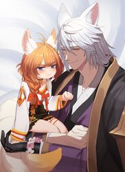  1boy absurdres animal_ears blue_eyes blush collar colored_skin eight-tailed_fox_nari female flower fox_boy fox_ears fox_girl fox_tail gloves guardian_tales highres jiki_(gkdlfnzo1245) korean_commentary multiple_tails multiple_views nine_tailed_fox_garam orange_hair pout red_ribbon ribbon sitting_on_arm smile tail white_hair yellow_eyes 