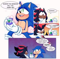  absurd_res blush candy dessert dialogue digit_ring do_not_distribute duo engagement_ring english_text eulipotyphlan food foxieskullz green_eyes hedgehog hi_res jewelry male male/male mammal married_couple profanity proposal red_eyes sega shadow_the_hedgehog sonic_the_hedgehog sonic_the_hedgehog_(series) text 