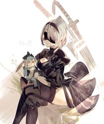  2b_(nier:automata) absurdres back_cutout black_blindfold black_dress black_footwear black_gloves black_hairband black_thighhighs blindfold boots breasts cleavage cleavage_cutout clothing_cutout commentary copyright_name covered_eyes crossed_legs dress expressionless feather-trimmed_sleeves female floating floating_object floating_sword floating_weapon gloves hairband highres juliet_sleeves katana long_sleeves mayutsuba_mono medium_breasts mole mole_under_mouth multiple_swords nier:automata nier_(series) puffy_sleeves short_hair side_slit sitting solo stuffed_animal stuffed_rabbit stuffed_toy sword sword_behind_back thigh_boots thighhighs thighhighs_under_boots thighs vambraces virtuous_contract virtuous_treaty weapon white_hair 