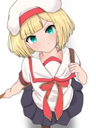  &gt;:) aged_down atsumisu bad_id bad_pixiv_id beret black_skirt blonde_hair blunt_bangs blush bow brown_footwear closed_mouth collared_shirt commentary_request cosplay fate/grand_order fate/kaleid_liner_prisma_illya fate_(series) female from_above green_eyes hat head_tilt holding homurahara_academy_school_uniform looking_at_viewer looking_up lord_el-melloi_ii_case_files pleated_skirt red_bow reines_el-melloi_archisorte school_uniform shirt short_hair short_sleeves skirt smile solo standing v-shaped_eyebrows white_hat white_shirt 