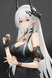  absurdres albino arknights bare_shoulders black_background black_dress black_gloves bracelet breasts cleavage closed_mouth collar collarbone cup detached_sleeves dress drink drinking_glass earrings female genera-x gloves gradient_background grey_background hair_ornament highres holding holding_cup horns infection_monitor_(arknights) jewelry large_breasts looking_at_viewer mudrock_(arknights) mudrock_(obsidian)_(arknights) necklace official_alternate_costume partially_fingerless_gloves pointy_ears red_eyes see-through short_sleeves single_glove smile solo strap_gap upper_body white_hair 