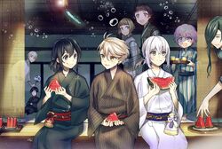  1other 6+boys :d :q ahoge akita_toushirou black_hair blue_eyes bob_cut brown_eyes brown_hair commentary_request eating food fruit glass green_hair hand_fan hirano_toushirou honebami_toushirou houhou_(black_lack) japanese_clothes katsugeki/touken_ranbu kimono maeda_toushirou multiple_boys namazuo_toushirou nikkari_aoe nose_bubble one_eye_closed open_mouth paper_fan pink_hair ponytail purple_eyes saniwa_(katsugeki/touken_ranbu) saniwa_(touken_ranbu) sitting sleeping smile tongue tongue_out touken_ranbu tray tsurumaru_kuninaga uchiwa watermelon white_hair wind_chime yagen_toushirou yellow_eyes yukata 