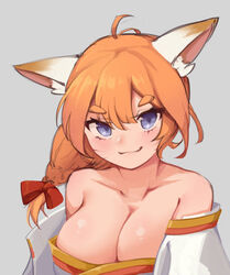  absurdres animal_ears bare_shoulders blue_eyes blush bow breasts cleavage collarbone eight-tailed_fox_nari female fox_ears fox_girl grey_background guardian_tales hairbow highres large_breasts looking_at_viewer orange_hair red_bow red_ribbon ribbon sliverdog smile solo thick_eyebrows upper_body 